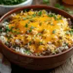 cheesy hamburger rice casserole - featured image